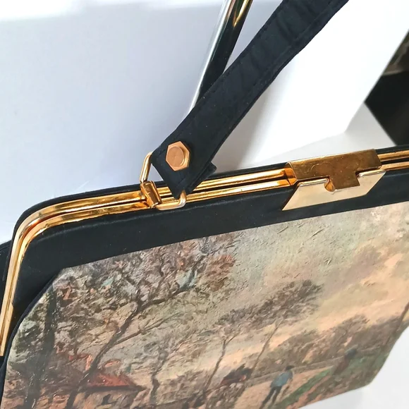 👜 1940s Tano of Madrid Black Silk Handbag Gold Clasp Made in Spain Retro - Picture 5 of 14